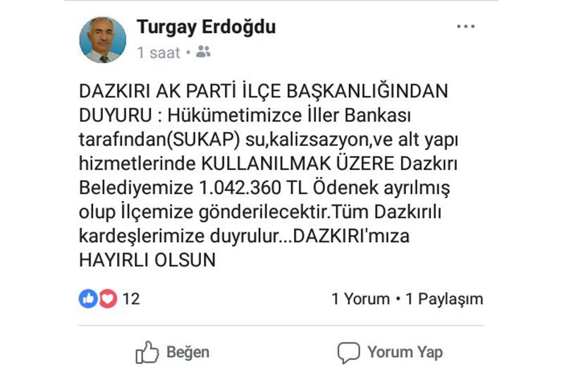 Dazkırı Belediye Başkanı Taylan'dan önemli Açıklama