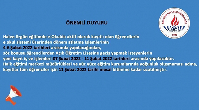 Açık Öğretim Öğrencilerine Duyuru