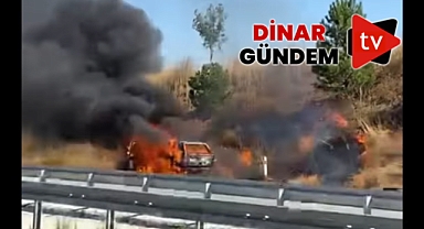 Dinar'da Şarampole devrilen otomobil yanarak kül oldu