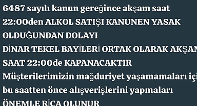Dinar’da Tekel Bayiler Artık 22:00’de kapanacak