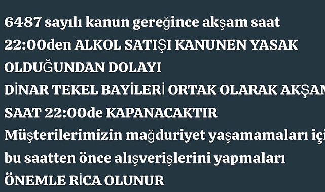 Dinar’da Tekel Bayiler Artık 22:00’de kapanacak